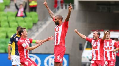 Orlando Engelaar celebrates his goal for Melbourne Heart