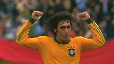 Nelinho celebrates after scoring for Brazil against Italy