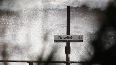Storm swept Dawlish railway station sign