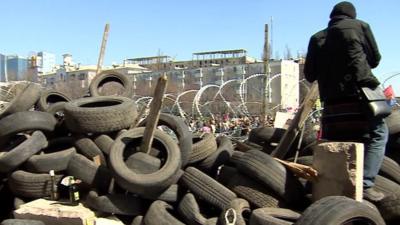 Temporary barricade in Donetsk, Ukraine