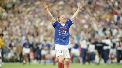 Emmanuel Petit celebrates after scoring for France against Brazil