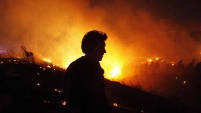 A person tries to extinguish flames during a forest fire in Valparaiso, Chile