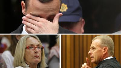 Clockwise from top, Oscar Pistorius, prosecutor Gerrie Nel and Reeva Steenkamp's mother June