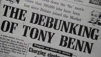 Daily Mail front page, 4 June 1975. Headline reads 'The Debunking of Tony Benn'