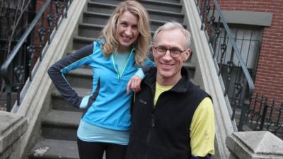 Natalie and Joe Stavas in front of her Boston home