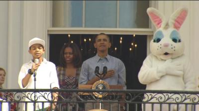 President Obama with a singer and an Easter Bunny