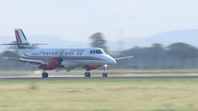 A plane takes off from Durham Tees Valley Airport