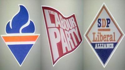 Emblems of the Conservative, Labour and SDP Liberal Alliance parties in 1983