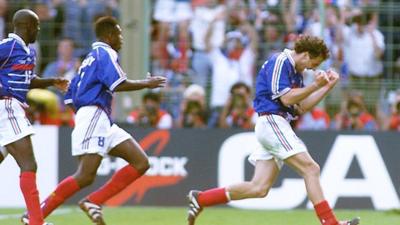 France's Laurent Blanc celebrates after scoring the first ever World Cup golden goal against Paraguay