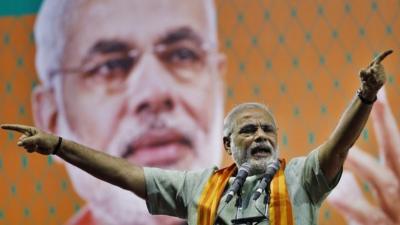 India's main opposition Hindu nationalist Bharatiya Janata Party (BJP) leader Narendra Modi speaks during a campaign rally