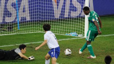 Yakubu misses for Nigeria against South Korea at the 2010 World Cup.