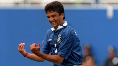 Brazil's Bebeto celebrates scoring against the Netherlands at the 1994 World Cup