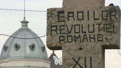 A sign marking the Romanian revolution