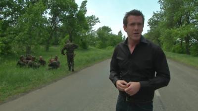 Mark Lowen at the checkpoint, 40 miles south of Donetsk