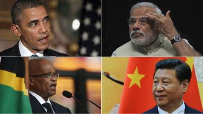 From left, clockwise: Barack Obama, Narendra Modi, Jacob Zuma, Xi Jinping