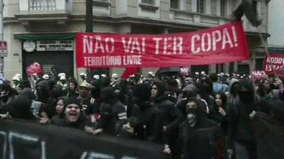 People marching through Sao Paulo