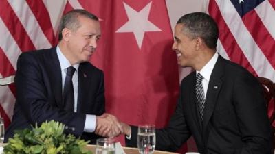 President Barack Obama, right, shakes hands during his bilateral meeting with Prime Minister of Turkey Recep Tayyip Erdogan