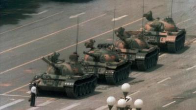 A Chinese man blocks a line of tanks on Beijing's Changan Blvd on 5 June 1989