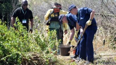 British Police officers dig for evidence during a search of an area of scrubland