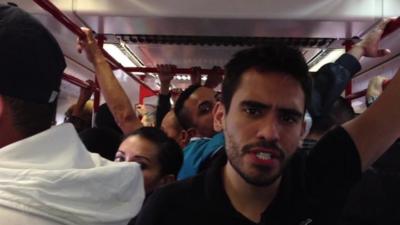 Luis Barrucho on the train to the Arena Corinthians stadium