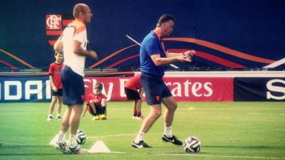 Netherlands coach Louis Van Gaal and Arjen Robben 'dance' on during training