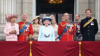 Camilla, Duchess of Cornwall, Prince Charles, Prince of Wales, Princess Eugenie, Queen Elizabeth II, Sophie, Countess of Wessex, Prince Philip, Duke of Edinburgh, Prince Edward, Earl of Wessex and Prince Harry look on from the balcony during during Trooping the Colour