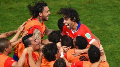 Chile celebrate Jorge Valdivia's goal against Australia