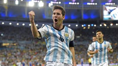 Lionel Messi celebrates after scoring for Argentina against Bosnia-Hercegovina