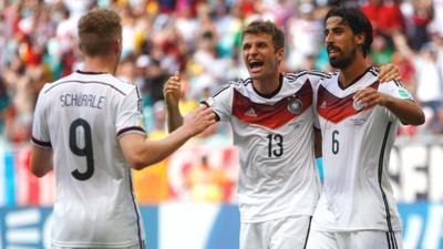 Germany's Thomas Mueller celebrates his third goal against Portugal