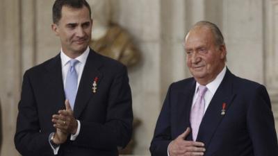 Prince Felipe of Spain and King Juan Carlos of Spain attend the official abdication ceremony at the Royal Palace on June 18, 2014