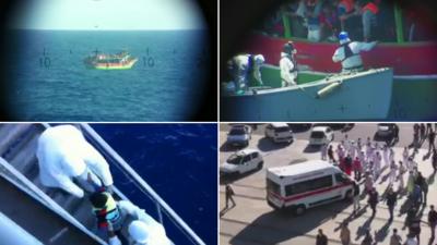 Clockwise from top left- migrant vessel seen through telescope, rescuers reach migrants, migrant child brought aboard rescue ship, ambulance arrives to transport migrants