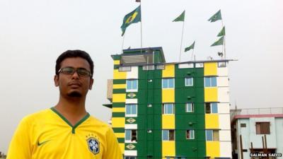 Bangladeshi Brazil fan and flats he painted in Brazil colours