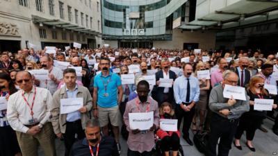 Protesting journalists at BBC New Broadcasting House in London