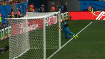 Cristiano Ronaldo hits the crossbar after an audacious cross-cum-shot from wide on the right hand side.