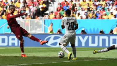 Cristiano Ronaldo puts Portugal 2-1 up against Ghana with his first goal of the tournament in their crucial 2014 World Cup Group G match in Brasilia.