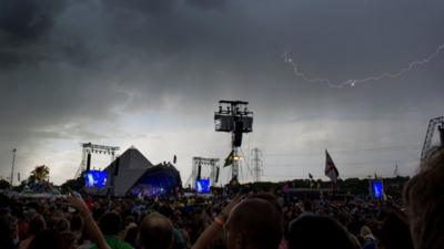 Lightning over Glastonbury's Pyramid stage