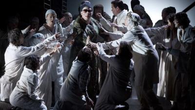 Cast members perform in the English National Opera's production of Julian Anderson's opera Thebans in London April 30, 2014