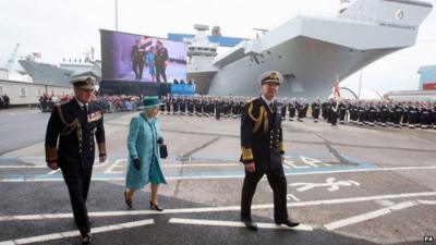 Queen Elizabeth II and the Duke of Edinbugh and HMS Queen Elizabeth