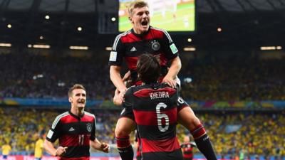 Toni Kroos scores his second and Germany's fourth against Brazil