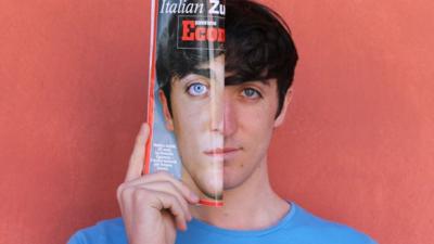Matteo Achilli with the magazine calling him "Italian Zuckerberg"