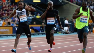 Yohan Blake pulls up injured during the Glasgow Diamond League 100m