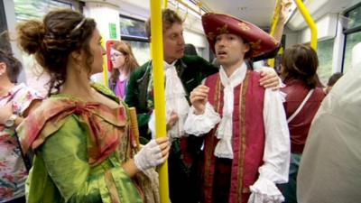 Shakespeare being performed on a Manchester tram