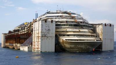 The Costa Concordia cruise liner is seen during its refloat operation at Giglio harbour