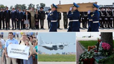 From clockwise top, a coffin is carried to a military plane at Kharkiv airport bound for Holland, flowers are left at the airport following a ceremony for the victims of MH17, the flight carrying the bodies takes off, Ukrainian citizens hold up a sign which reads "Kharkiv is sympathizing"