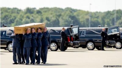 Dutch military personnel carry a coffin containing remains