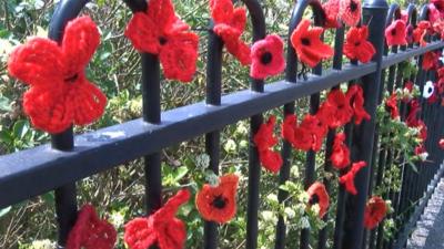 Knitted poppies on Road of Remembrance