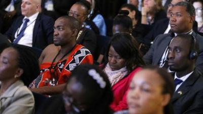 People listen as U.S. Secretary of State John Kerry (not pictured) addresses a civil society forum during the U.S.-Africa Leaders Summit in Washington August 4, 2014