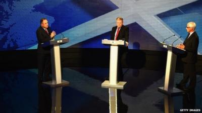 Alex Salmond (far left) debates with Alistair Darling in an event hosted by Bernard Ponsonby (centre)