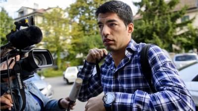 Uruguay and Barcelona striker Luis Suarez arrives for appeal hearing