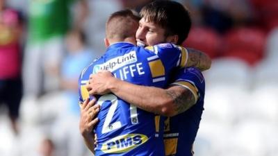 Liam Sutcliffe (left) hugs try-scorer Tom Briscoe